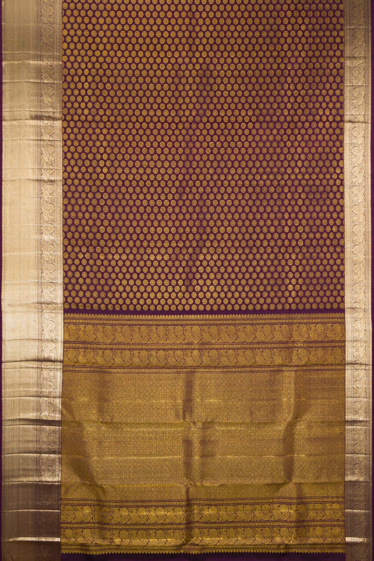 Flat view of Pure Silk Burgundy Dual Tone Kanchipuram Saree with Zari Brocade on the body and Zari Border. 