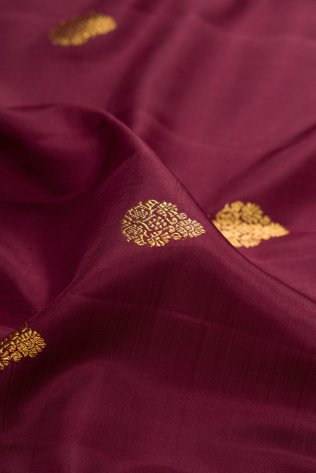 Close up of Coffee Brown Kanchipuram Silk Saree with Zari Butta on the body and Zari Border.  displaying folds