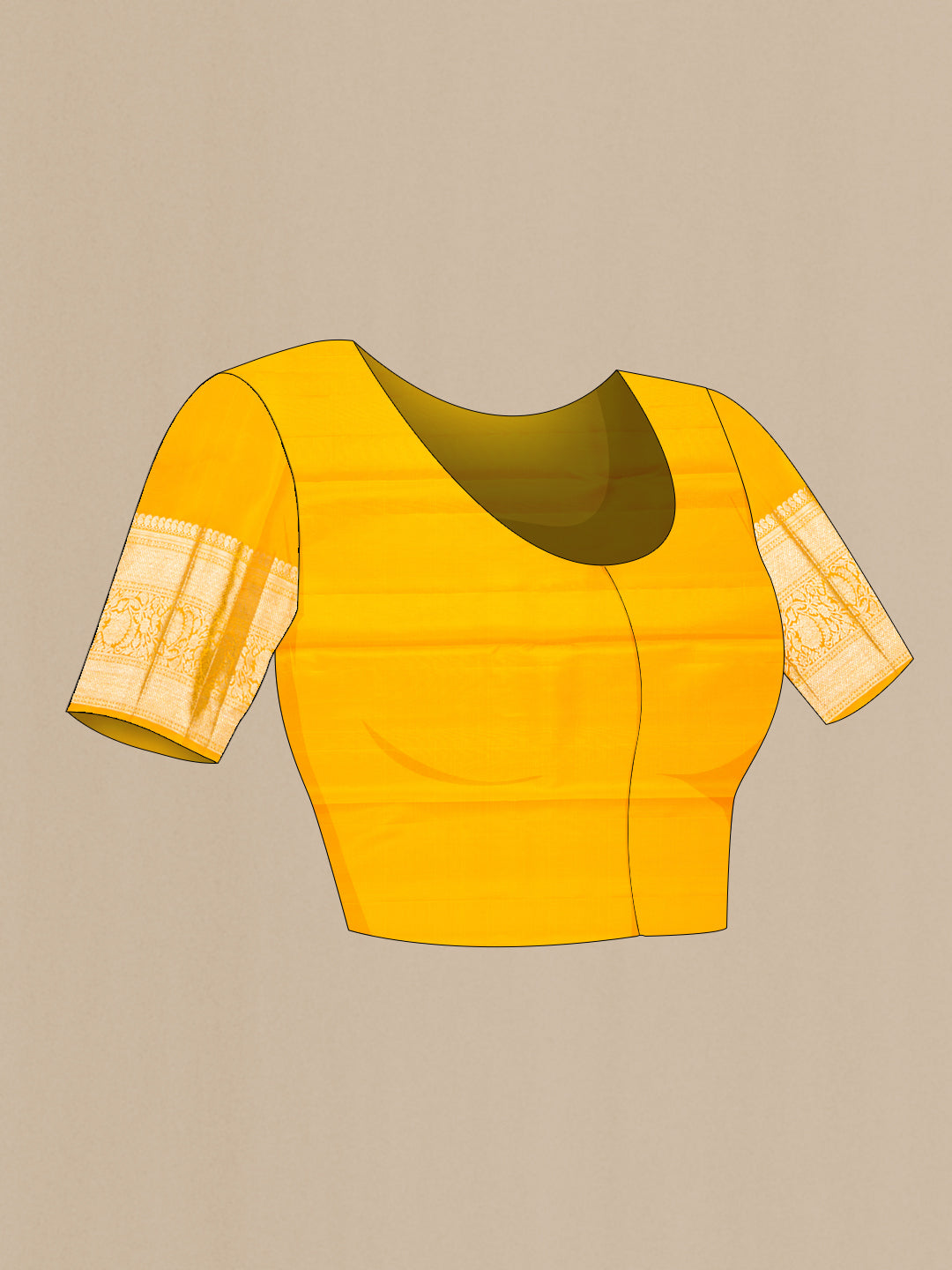 Close up image of the blouse of Pure Silk Yellow Kanchipuram Saree with Zari Brocade on the body and Fancy Border. 