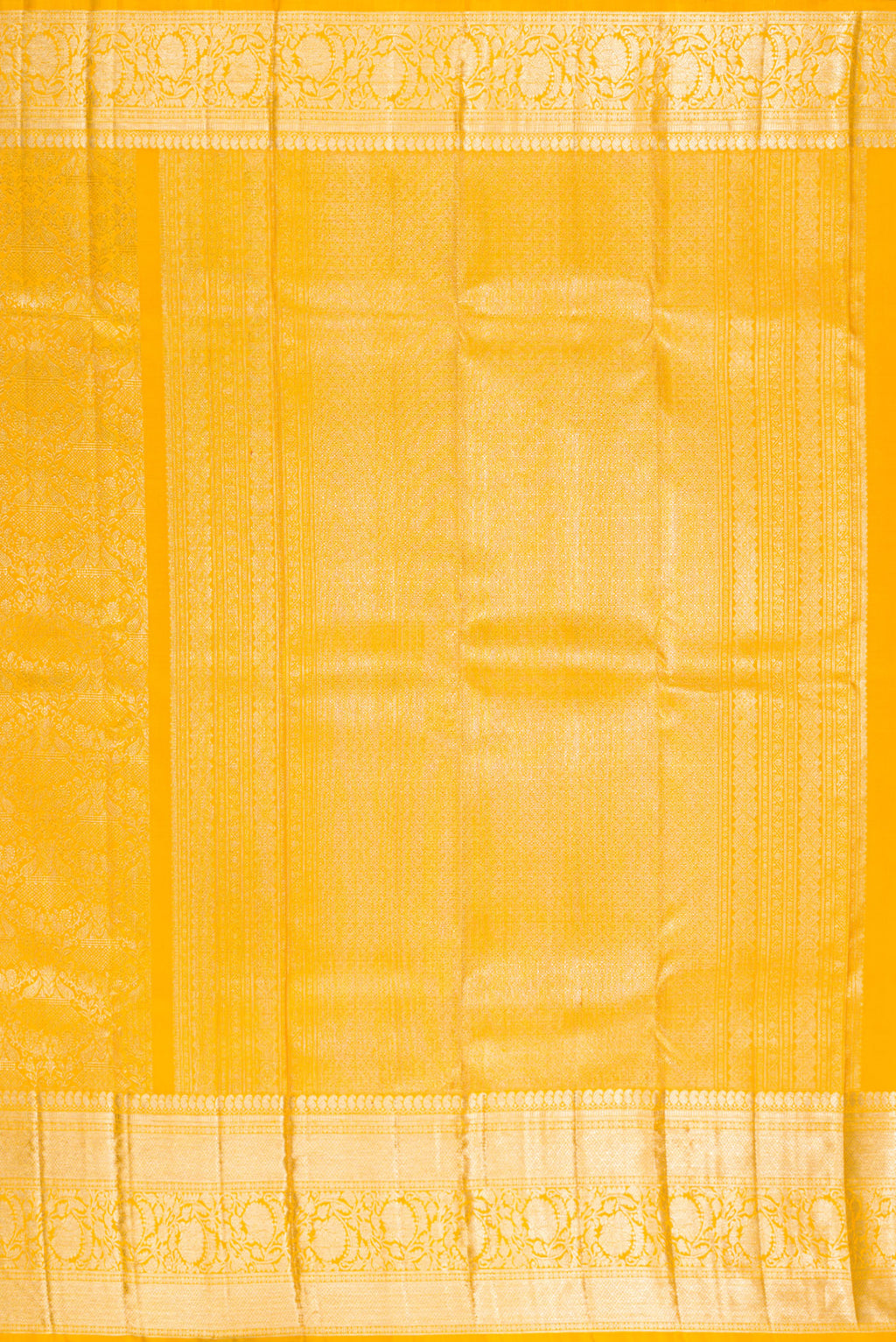 Close up image of the pallu of Pure Silk Yellow Kanchipuram Saree with Zari Brocade on the body and Fancy Border. 