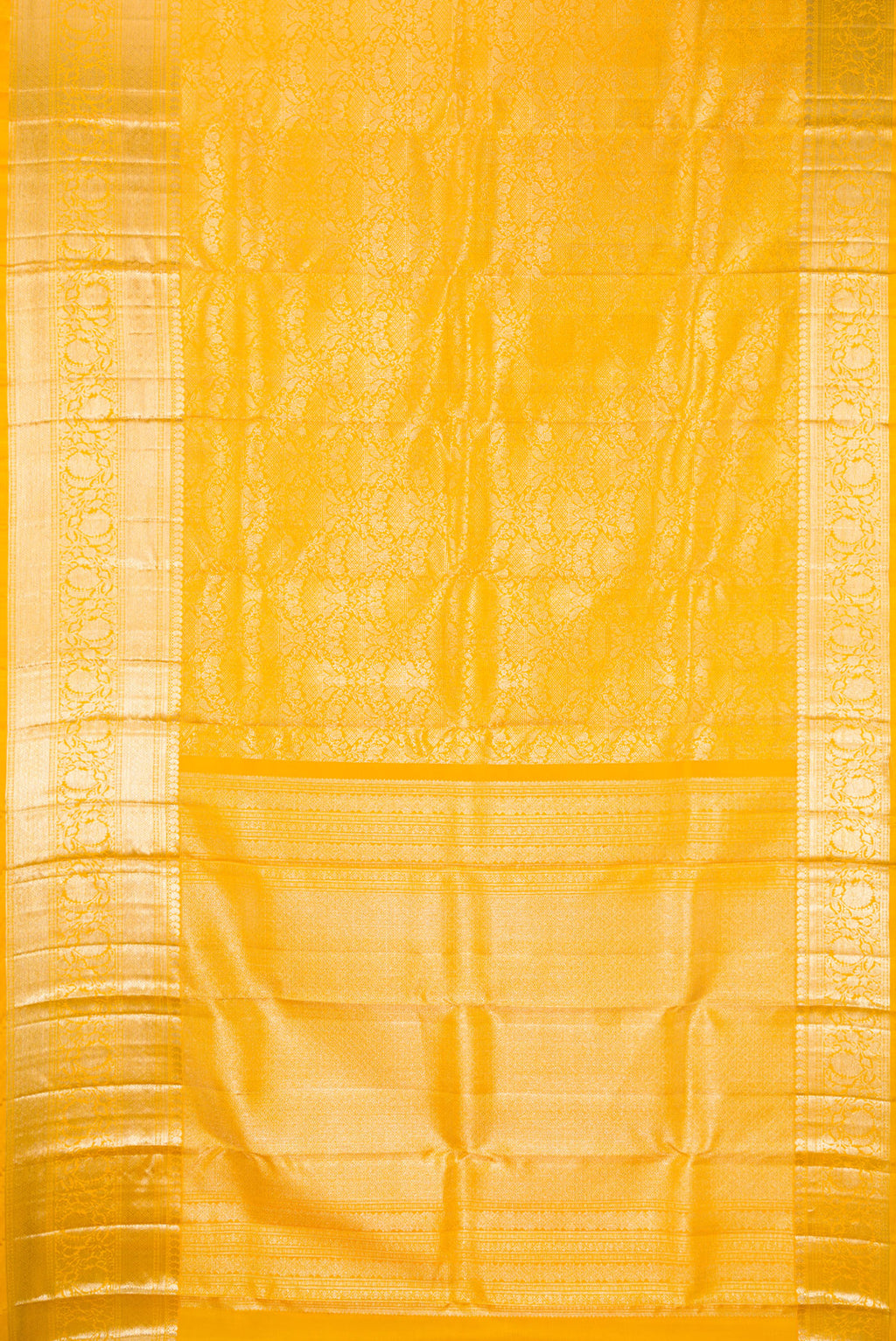 Flat view of Pure Silk Yellow Kanchipuram Saree with Zari Brocade on the body and Fancy Border. 