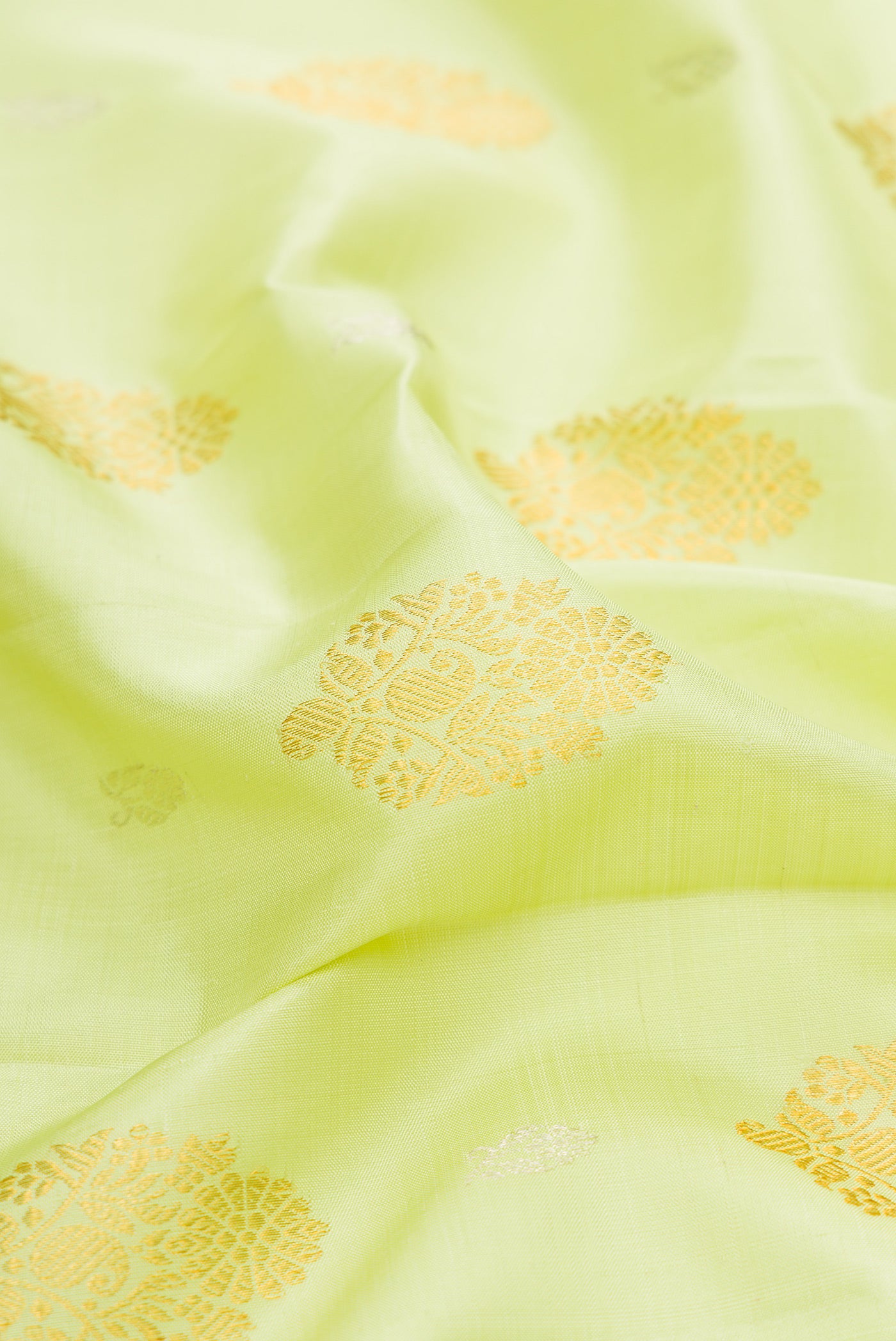 Close up of Pista Green Kanchipuram Silk Saree with Zari Butta on the body and Zari Border.  displaying folds