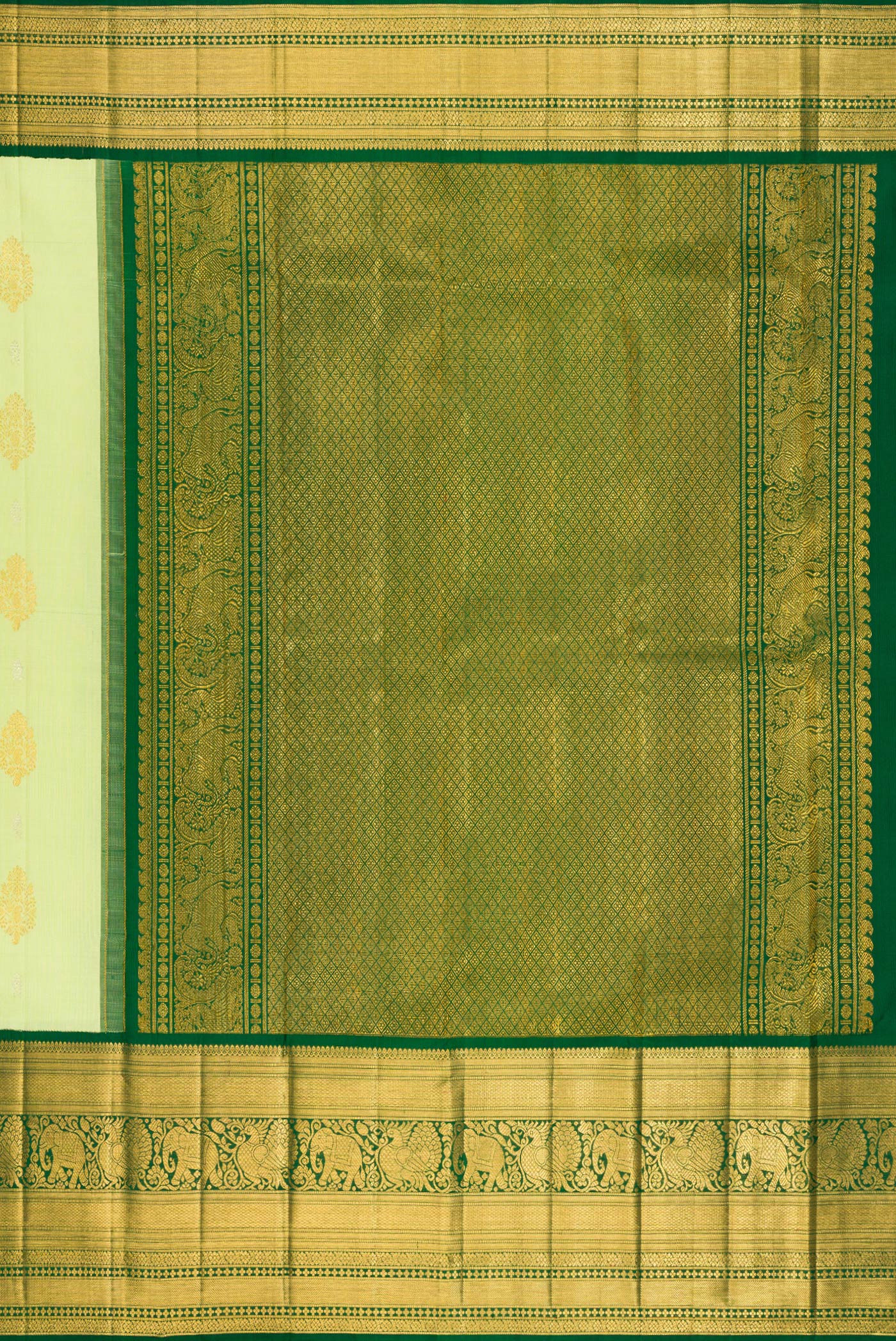 Close up image of the pallu of Pista Green Kanchipuram Silk Saree with Zari Butta on the body and Zari Border. 