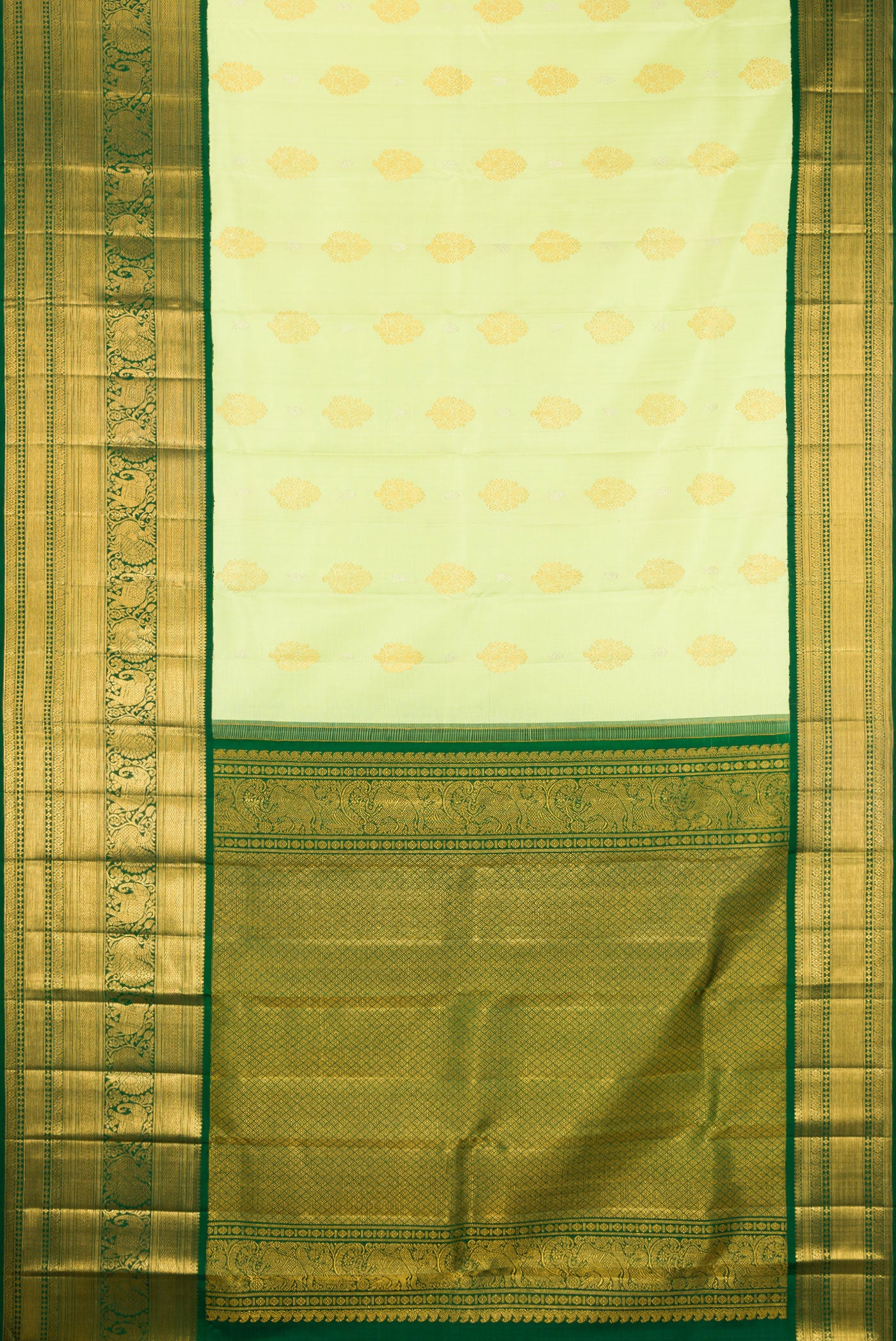 Flat view of Pista Green Kanchipuram Silk Saree with Zari Butta on the body and Zari Border. 
