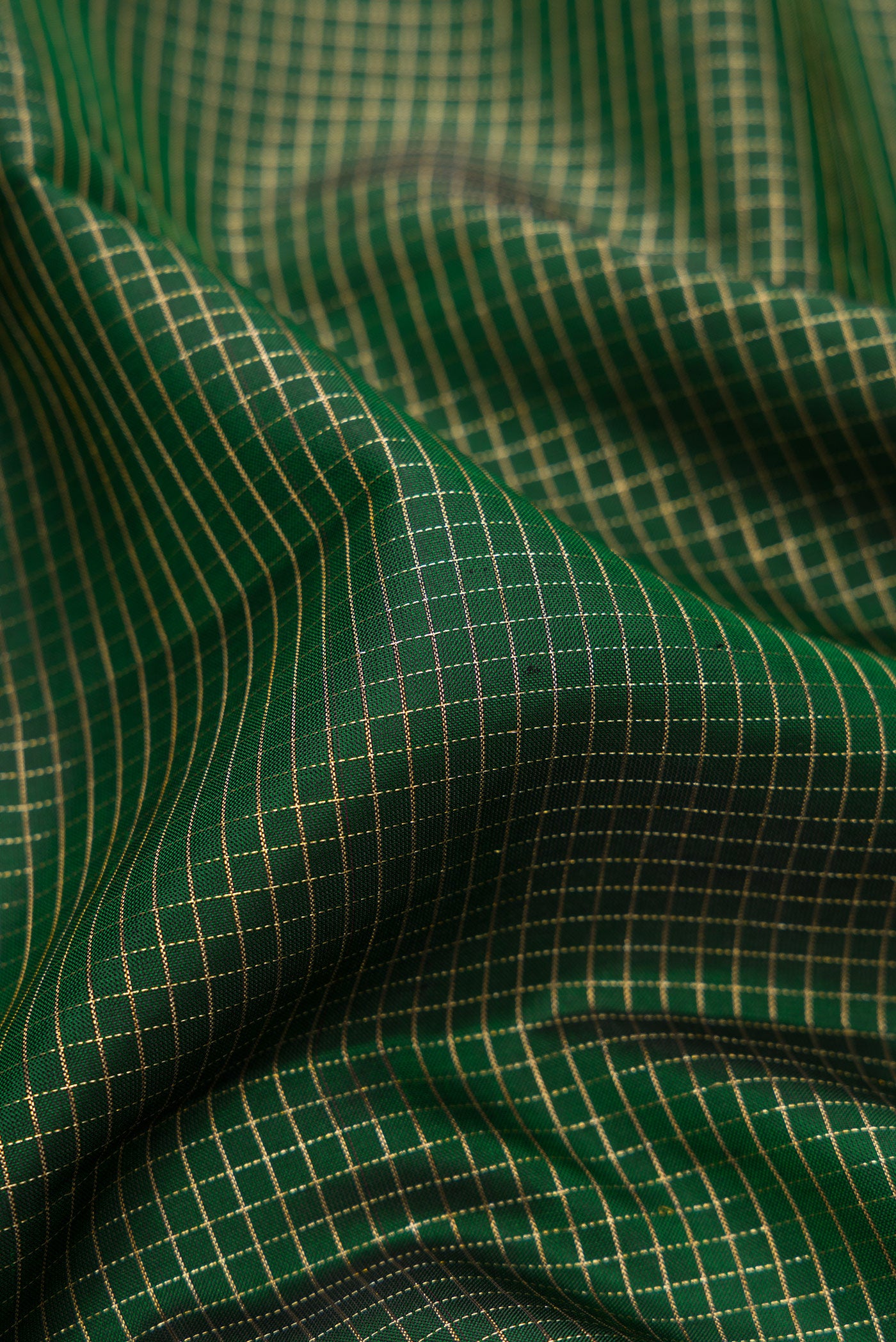 Close up of Bottle Green Kanchipuram Silk Saree with Checked design on the body and Zari Border.  displaying folds