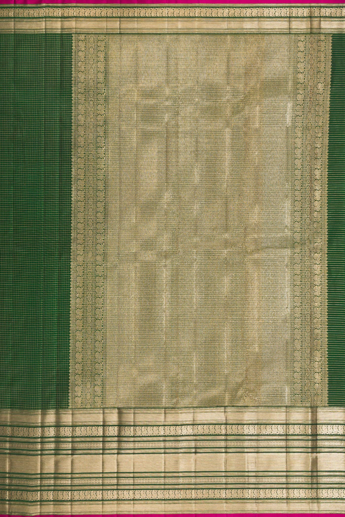 Close up image of the pallu of Bottle Green Kanchipuram Silk Saree with Checked design on the body and Zari Border. 