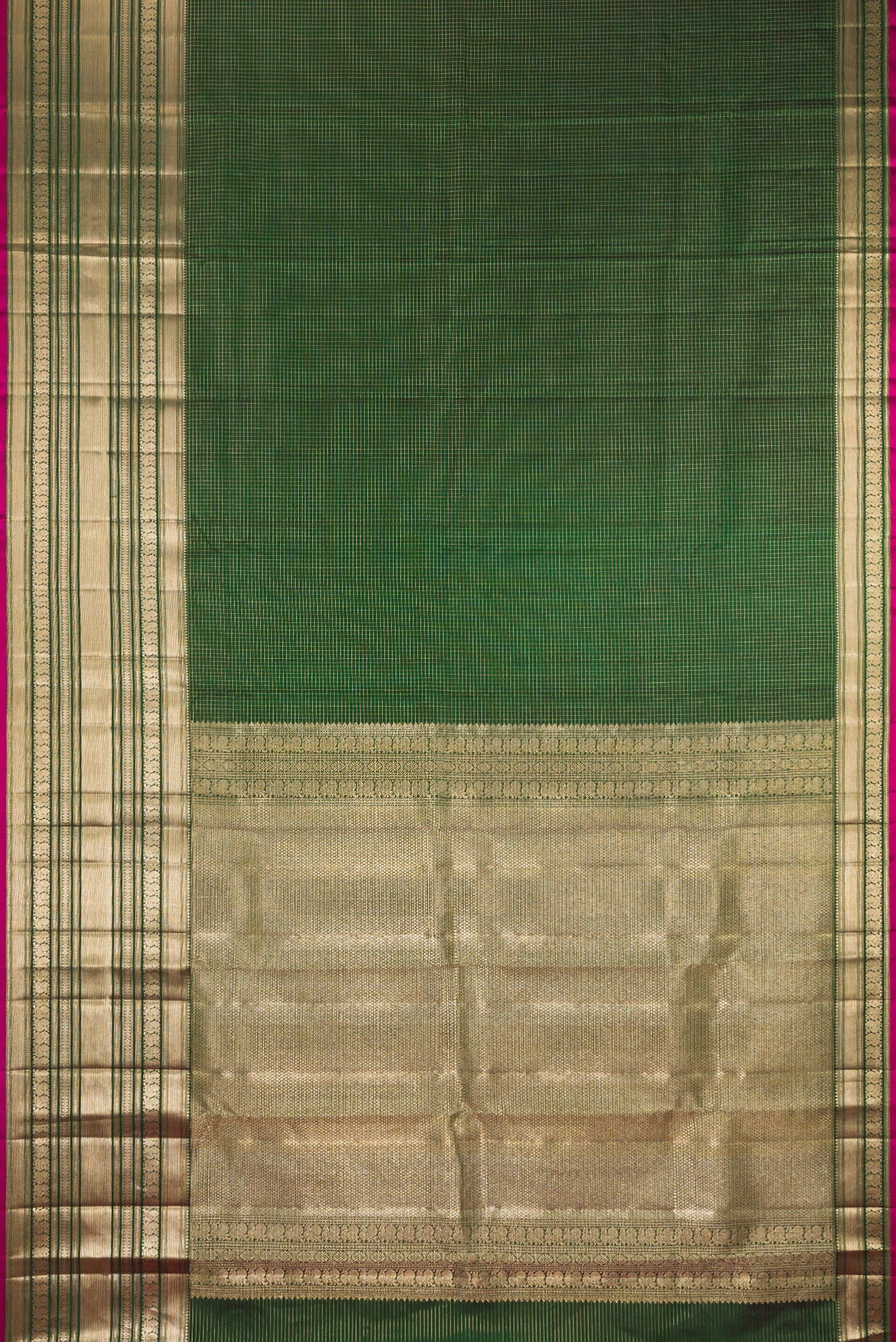 Flat view of Bottle Green Kanchipuram Silk Saree with Checked design on the body and Zari Border. 