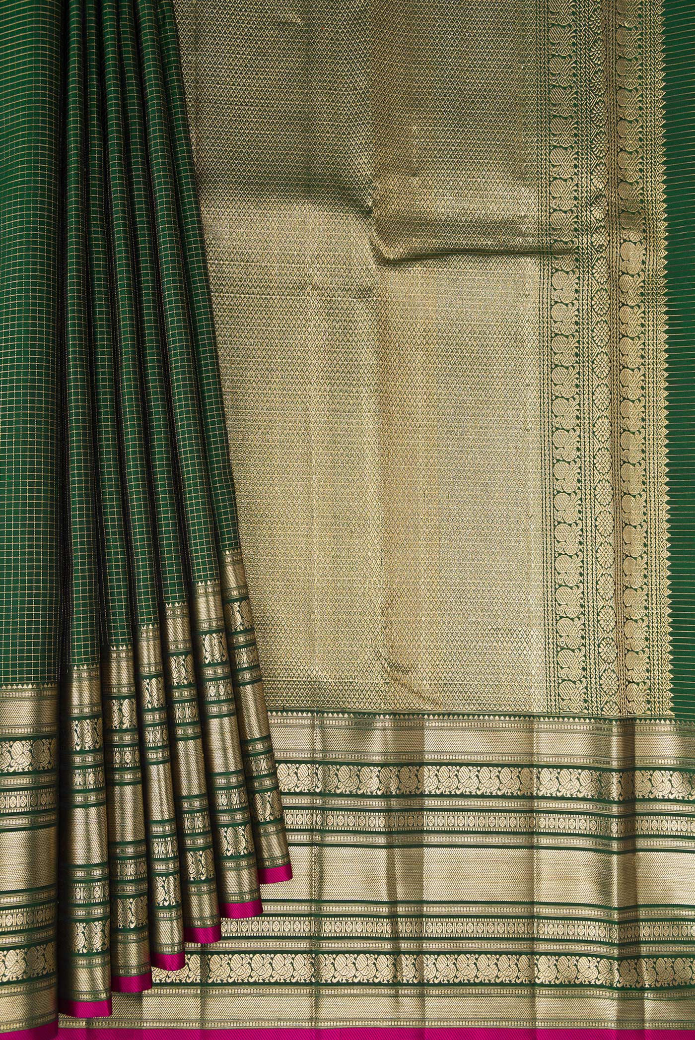 Pleats and pallu of Bottle Green Kanchipuram Silk Saree with Checked design on the body and Zari Border. 