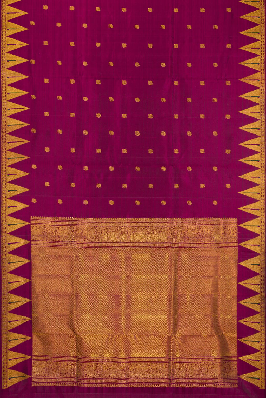 Flat view of Magenta Kanchipuram Silk Saree with Zari Butta on the body and Temple Border. 