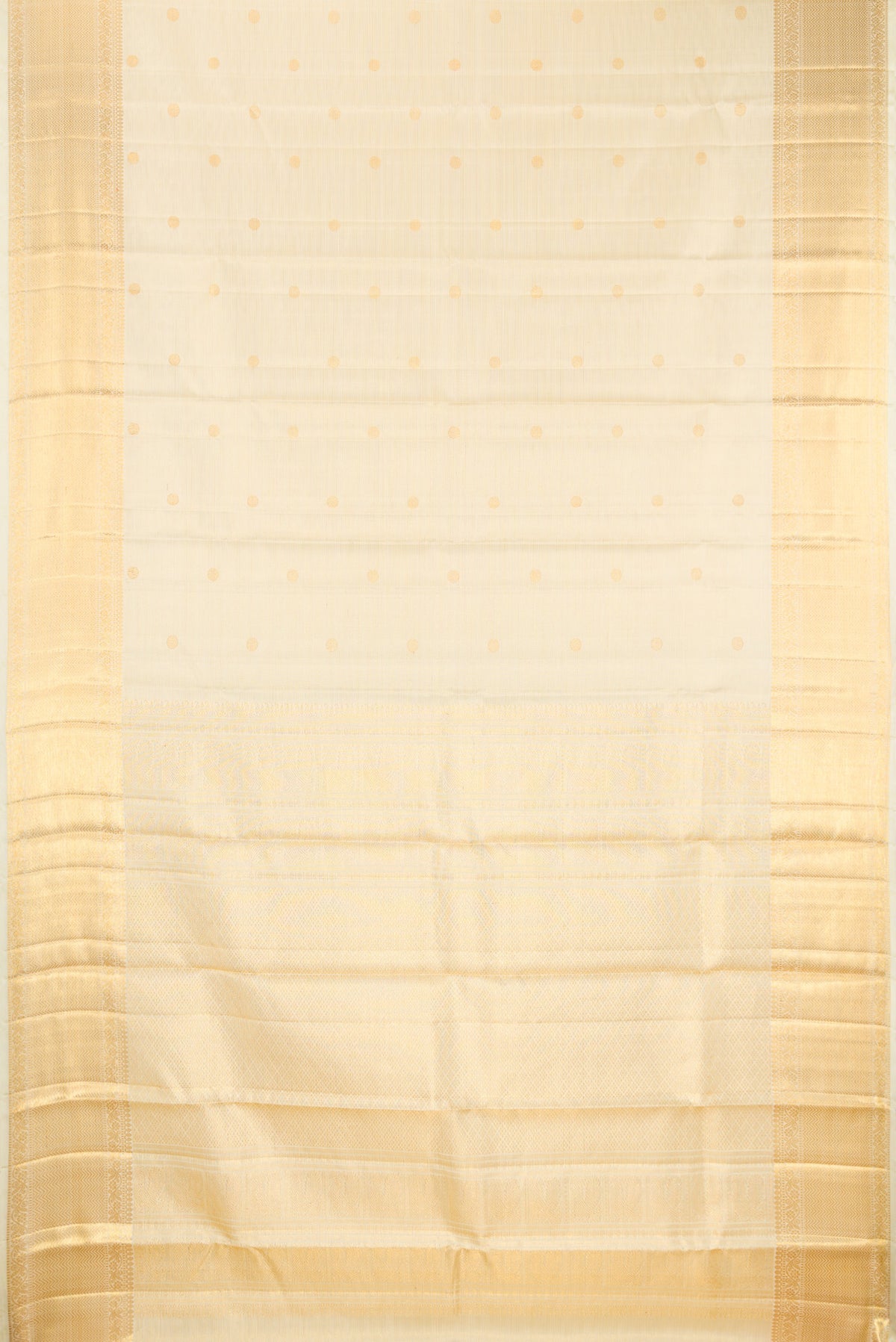 Flat view of Pure Silk Sandal Kanchipuram Saree with Zari Butta on the body and Zari Border. 