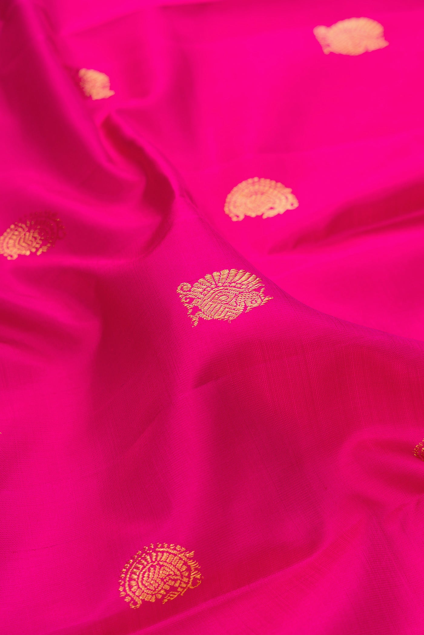Close up of Dark Pink Kanchipuram Silk Saree with Zari Butta on the body and Fancy Border.  displaying folds