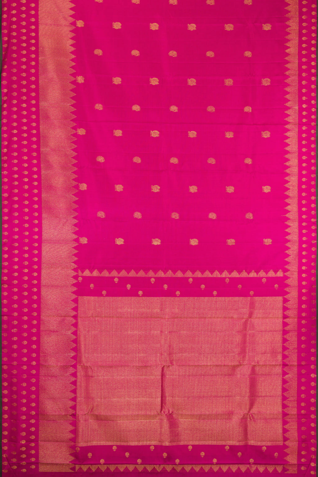 Flat view of Dark Pink Kanchipuram Silk Saree with Zari Butta on the body and Fancy Border. 