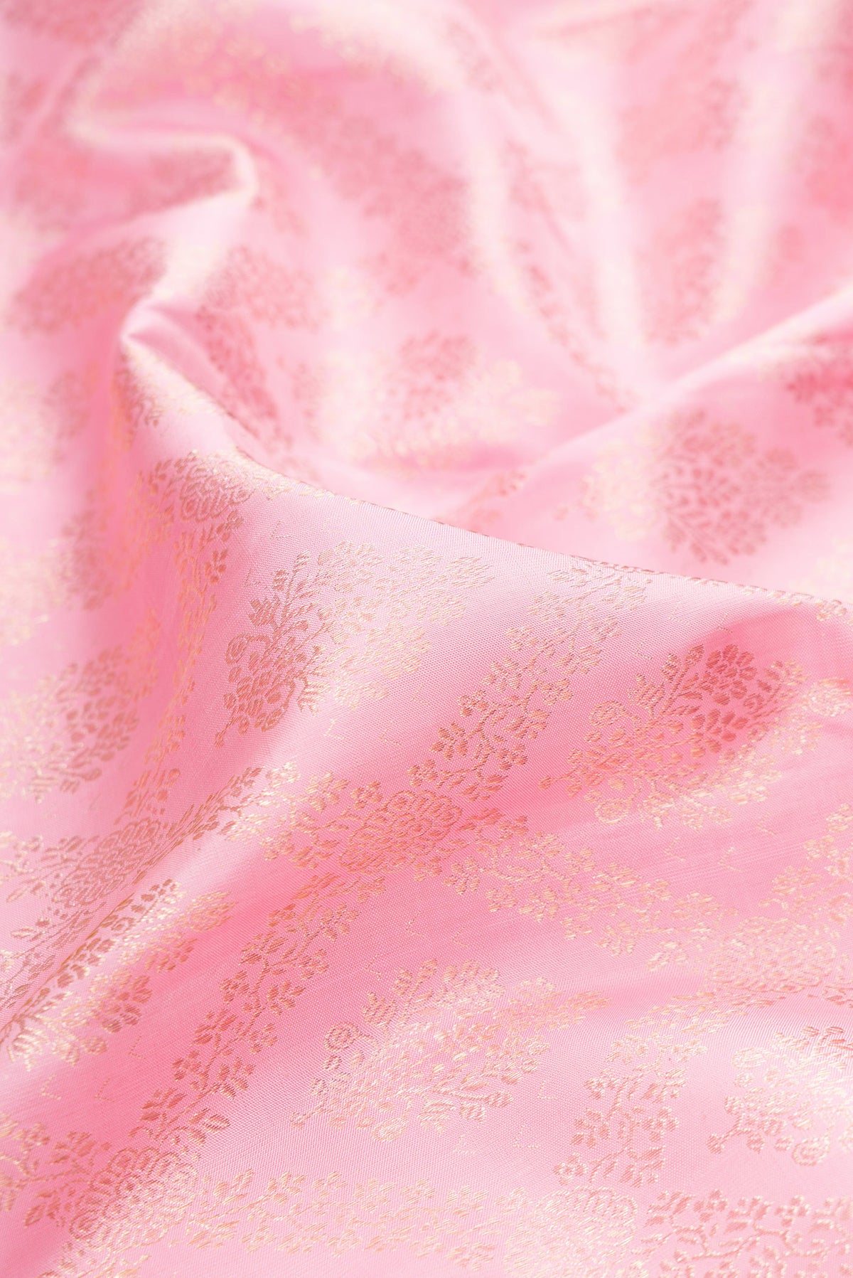 Close up of Pure Silk Rose pink Kanchipuram Saree with Zari Brocade on the body and Zari Border.  displaying folds