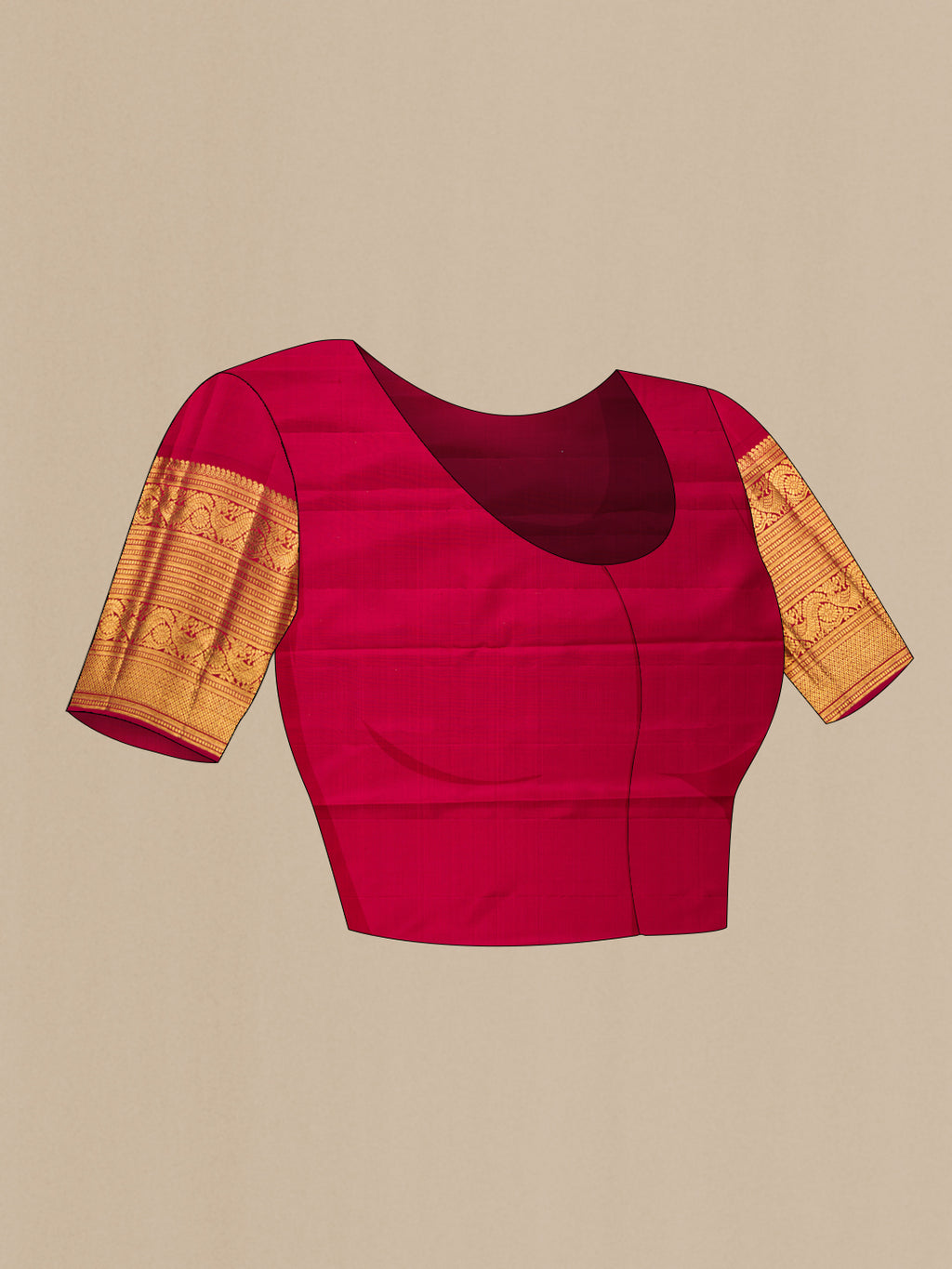 Close up image of the blouse of Pure Silk Maroon Kanchipuram Saree with Zari Brocade on the body and Zari Border. 