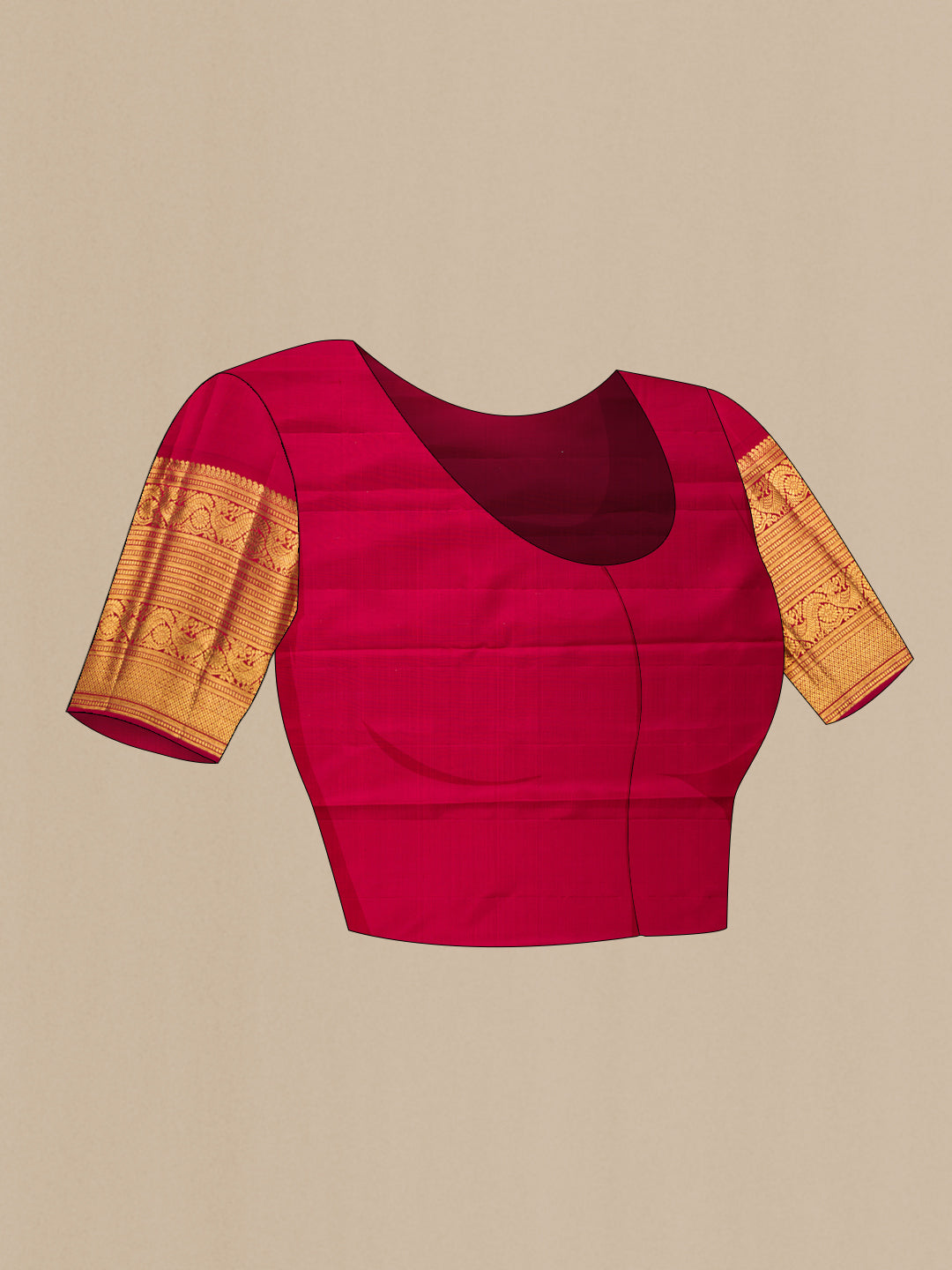 Close up image of the blouse of Pure Silk Maroon Kanchipuram Saree with Zari Brocade on the body and Zari Border. 