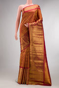 Pure Silk Maroon Kanchipuram Saree with Zari Brocade on the body and Zari Border.  displayed on a mannequin