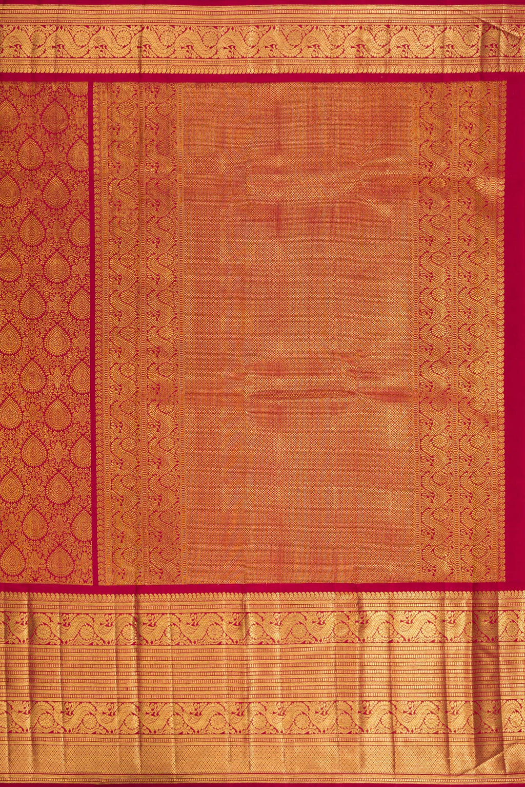 Close up image of the pallu of Pure Silk Maroon Kanchipuram Saree with Zari Brocade on the body and Zari Border. 