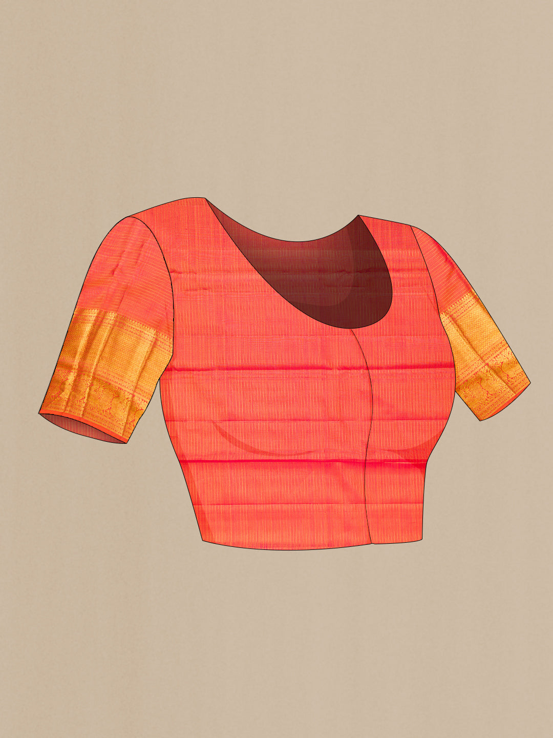 Close up image of the blouse of Orange Kanchipuram Silk Saree with Checked design on the body and Zari Border. 