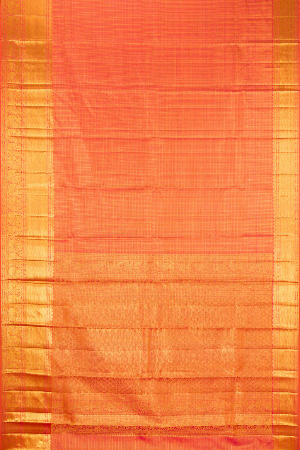 Flat view of Orange Kanchipuram Silk Saree with Checked design on the body and Zari Border. 