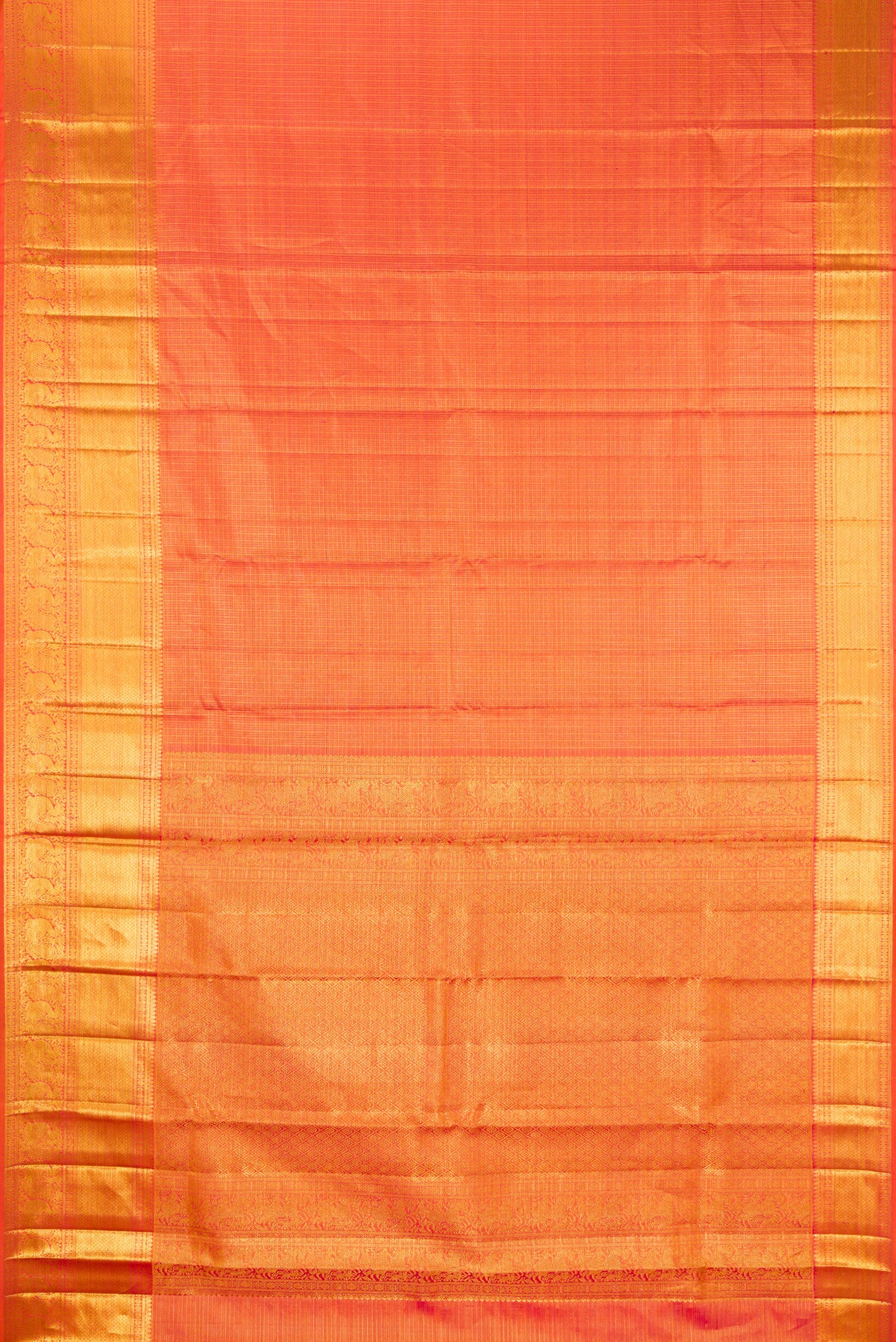 Flat view of Orange Kanchipuram Silk Saree with Checked design on the body and Zari Border. 