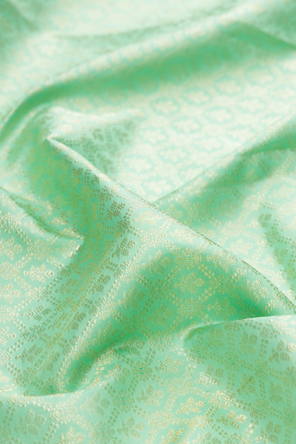 Close up of Pure Silk Green Kanchipuram Saree with Zari Brocade on the body and Zari Border.  displaying folds