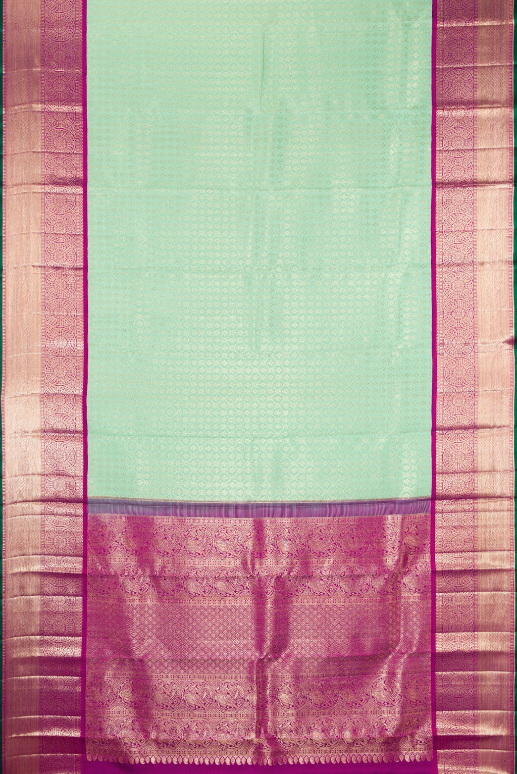Flat view of Pure Silk Green Kanchipuram Saree with Zari Brocade on the body and Zari Border. 