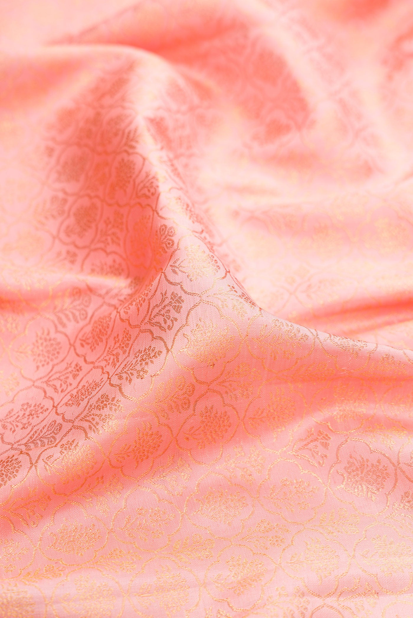 Close up of Pure Silk Rose pink Kanchipuram Saree with Zari Brocade on the body and Zari Border.  displaying folds