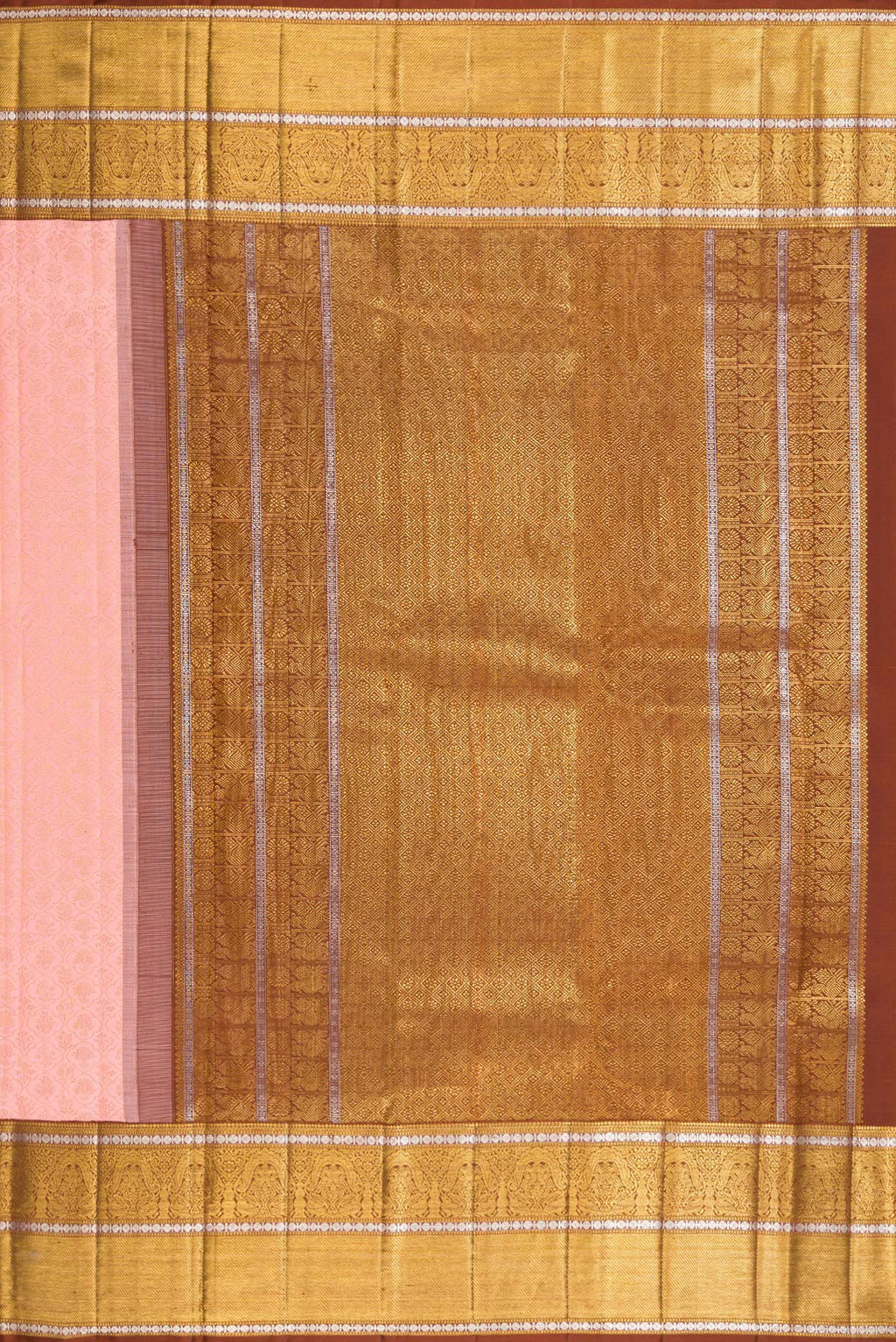 Close up image of the pallu of Pure Silk Rose pink Kanchipuram Saree with Zari Brocade on the body and Zari Border. 