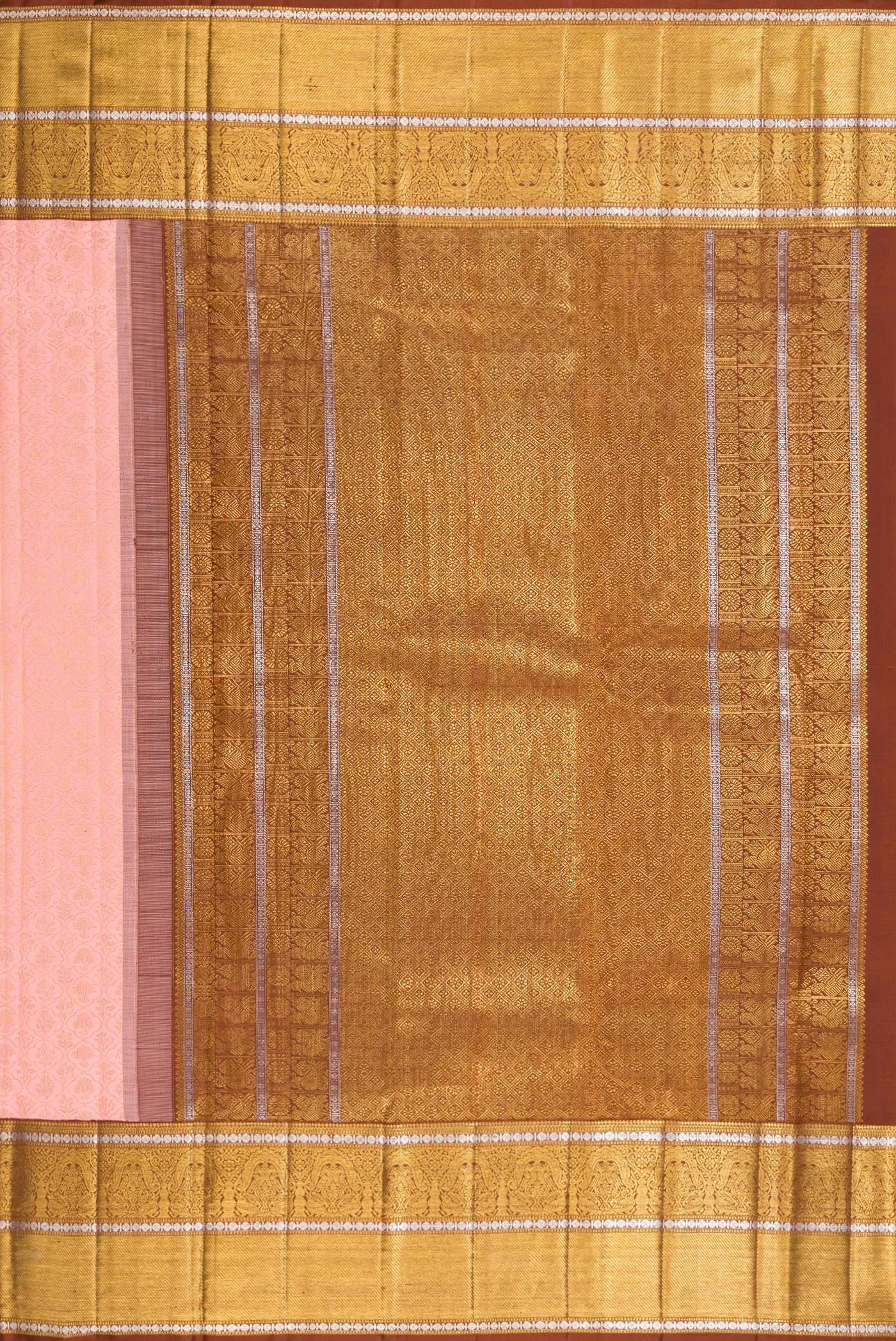 Close up image of the pallu of Pure Silk Rose pink Kanchipuram Saree with Zari Brocade on the body and Zari Border. 