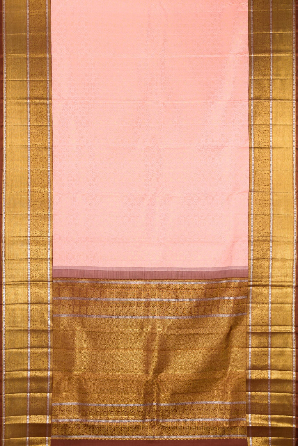 Flat view of Pure Silk Rose pink Kanchipuram Saree with Zari Brocade on the body and Zari Border. 