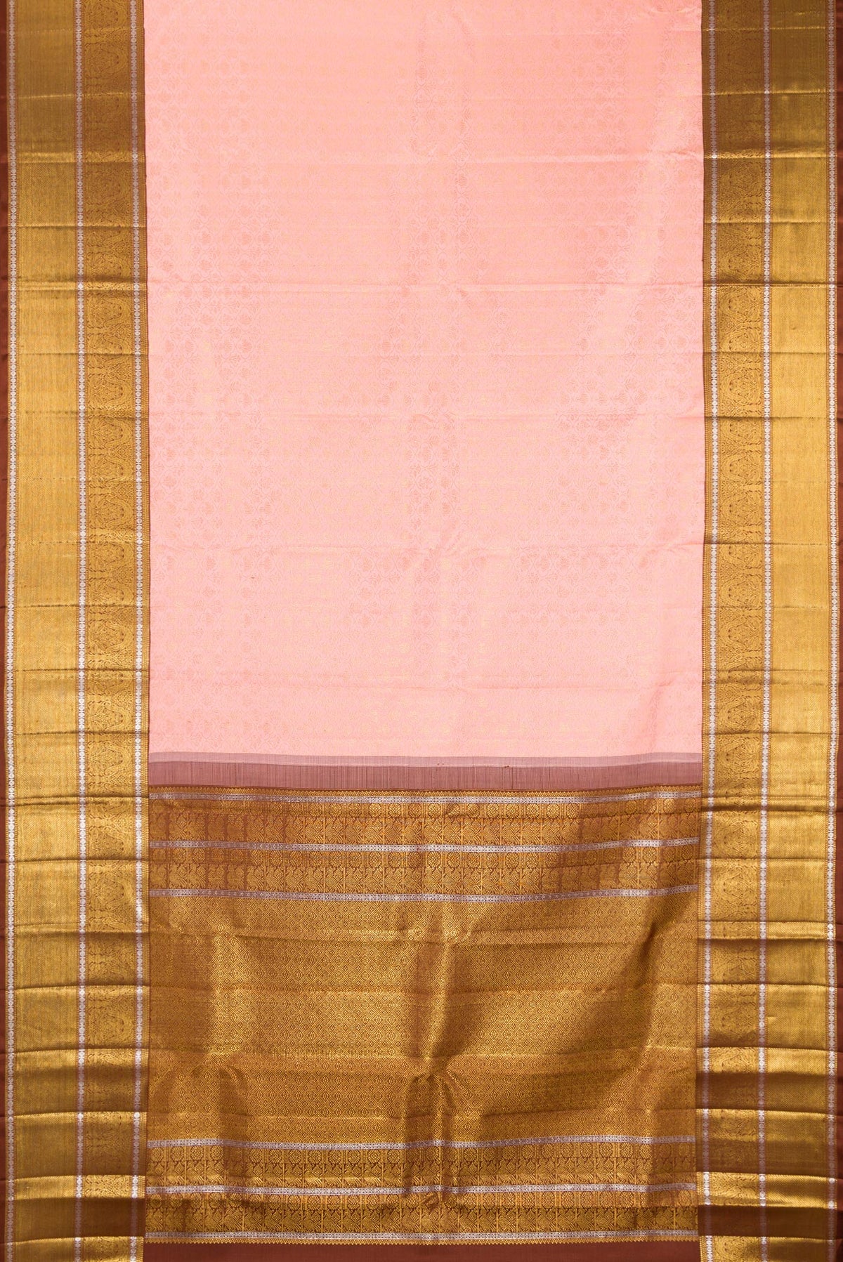 Flat view of Pure Silk Rose pink Kanchipuram Saree with Zari Brocade on the body and Zari Border. 