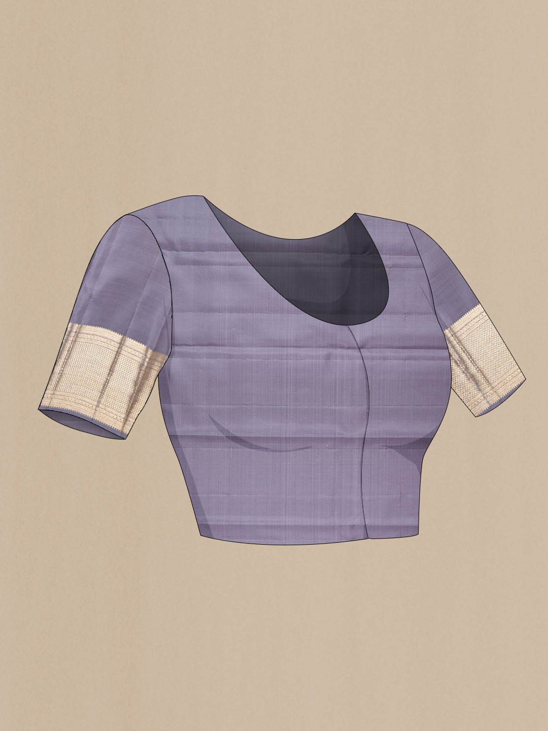 Close up image of the blouse of Grey Kanchipuram Silk Saree with Checked design on the body and Zari Border. 