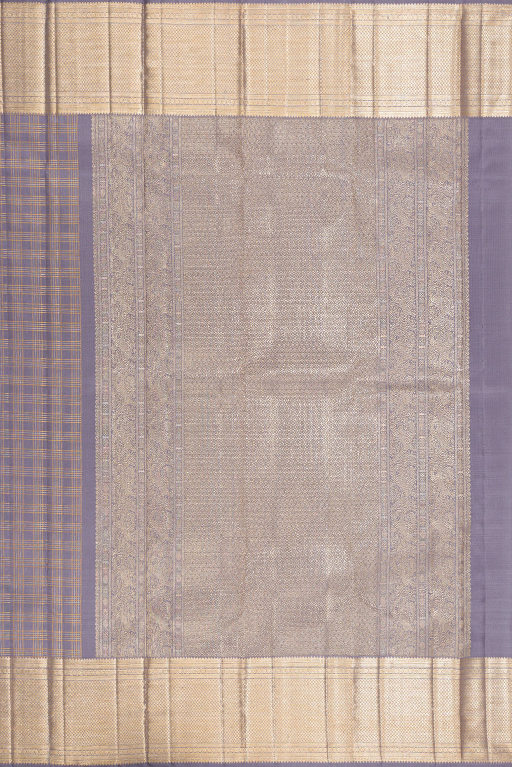 Close up image of the pallu of Grey Kanchipuram Silk Saree with Checked design on the body and Zari Border. 
