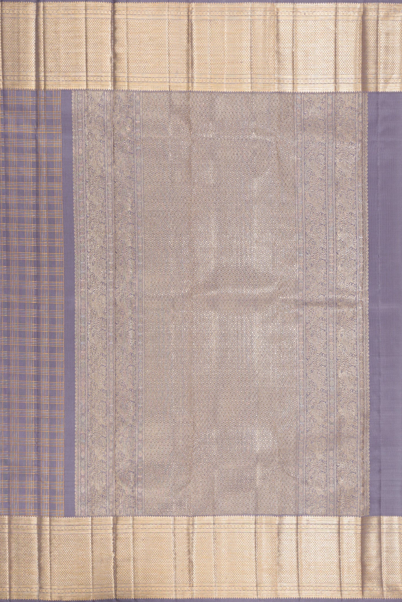 Close up image of the pallu of Grey Kanchipuram Silk Saree with Checked design on the body and Zari Border. 