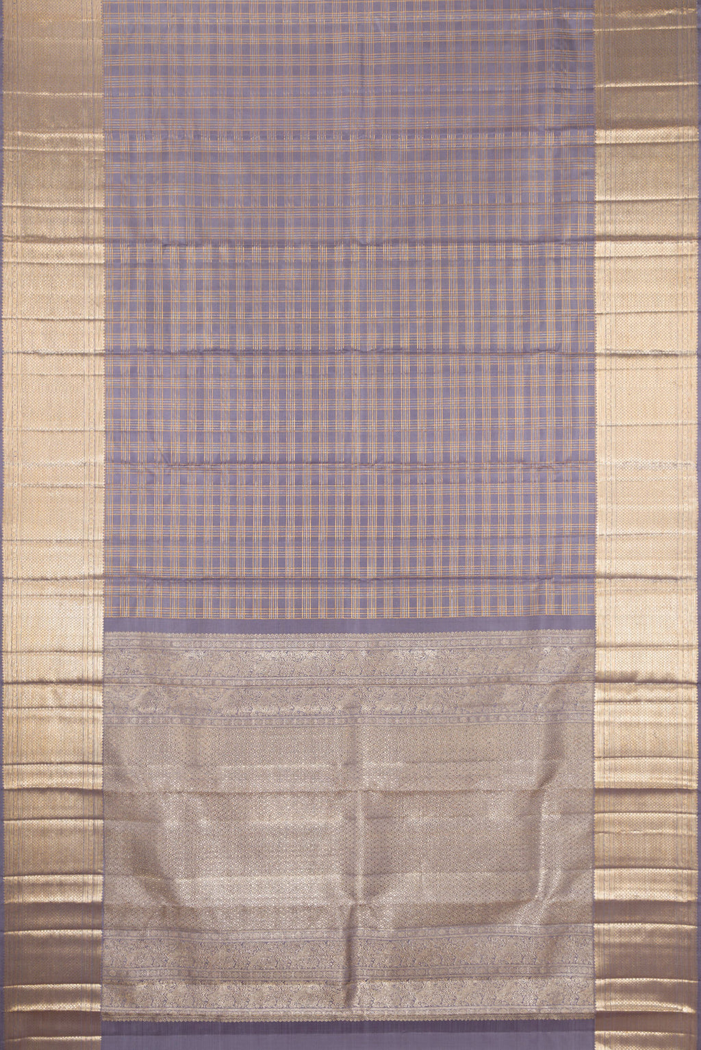 Flat view of Grey Kanchipuram Silk Saree with Checked design on the body and Zari Border. 