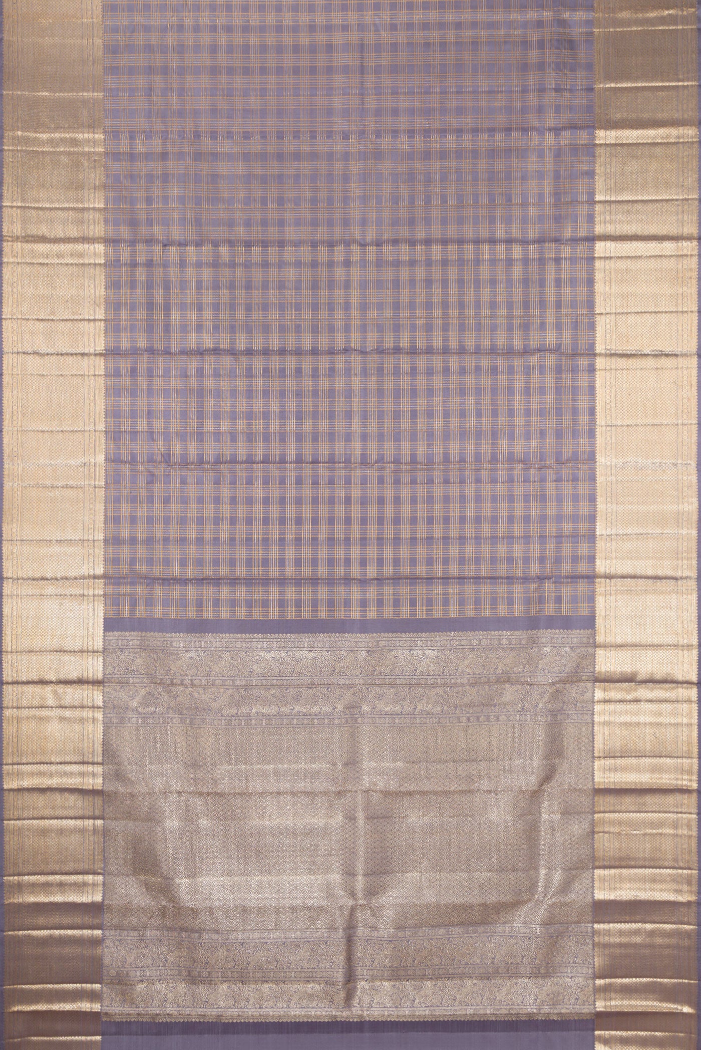 Flat view of Grey Kanchipuram Silk Saree with Checked design on the body and Zari Border. 