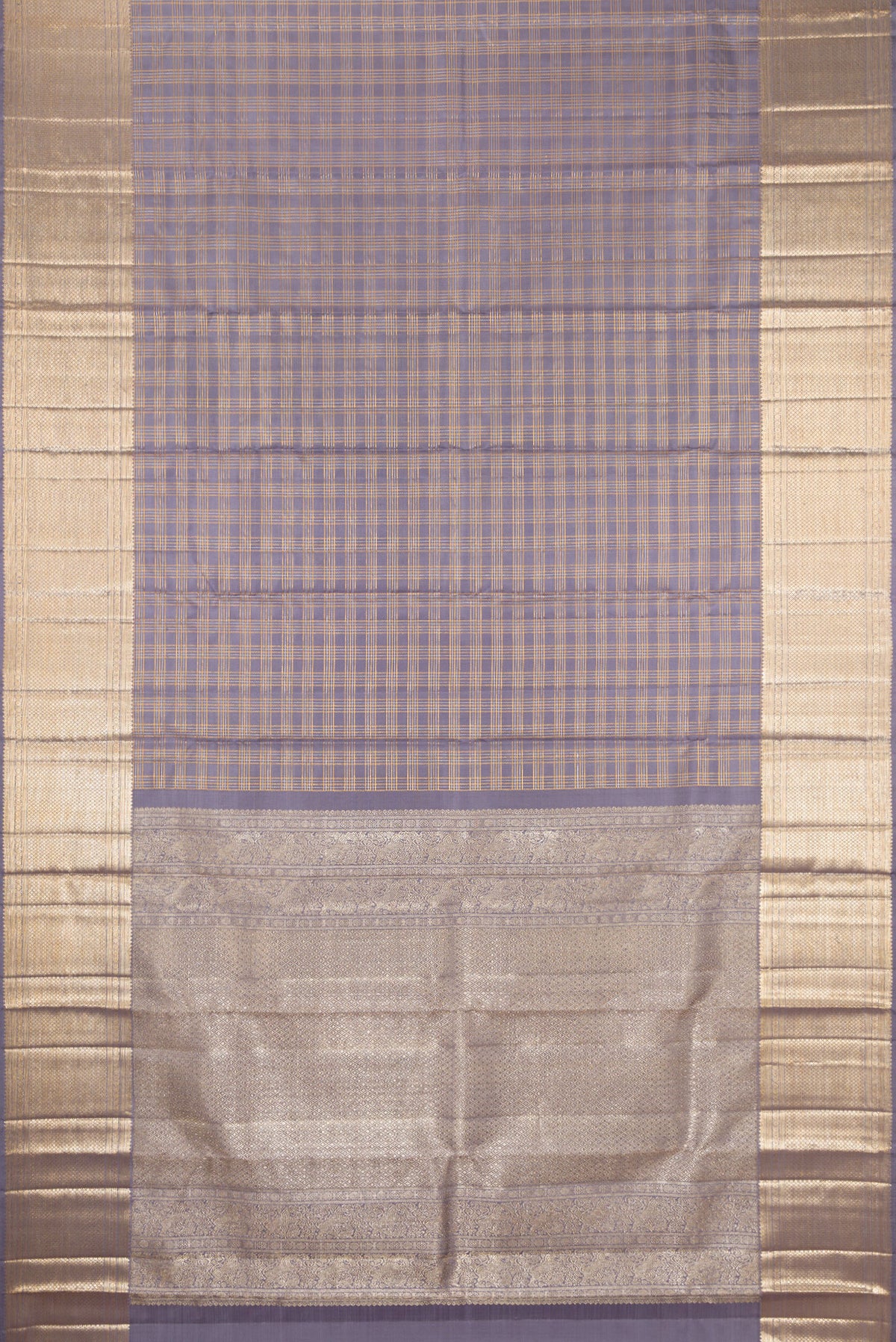 Flat view of Grey Kanchipuram Silk Saree with Checked design on the body and Zari Border. 
