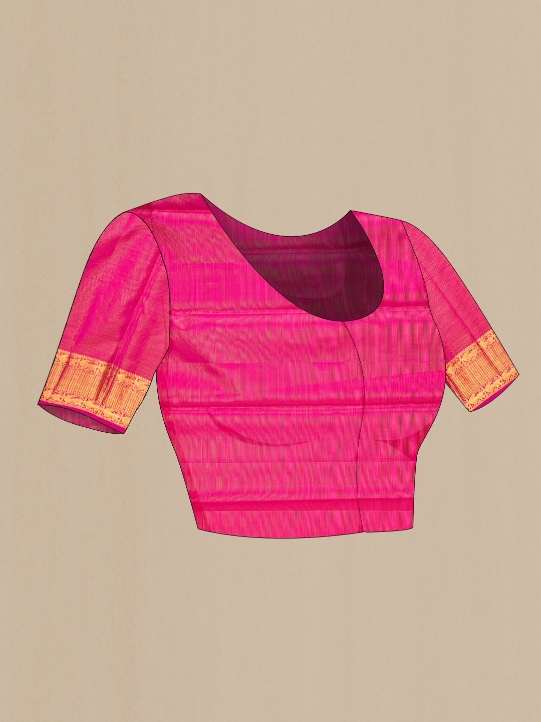 Close up image of the blouse of Pure Silk Dark Pink Kanchipuram Saree with Zari Brocade on the body and Zari Border. 