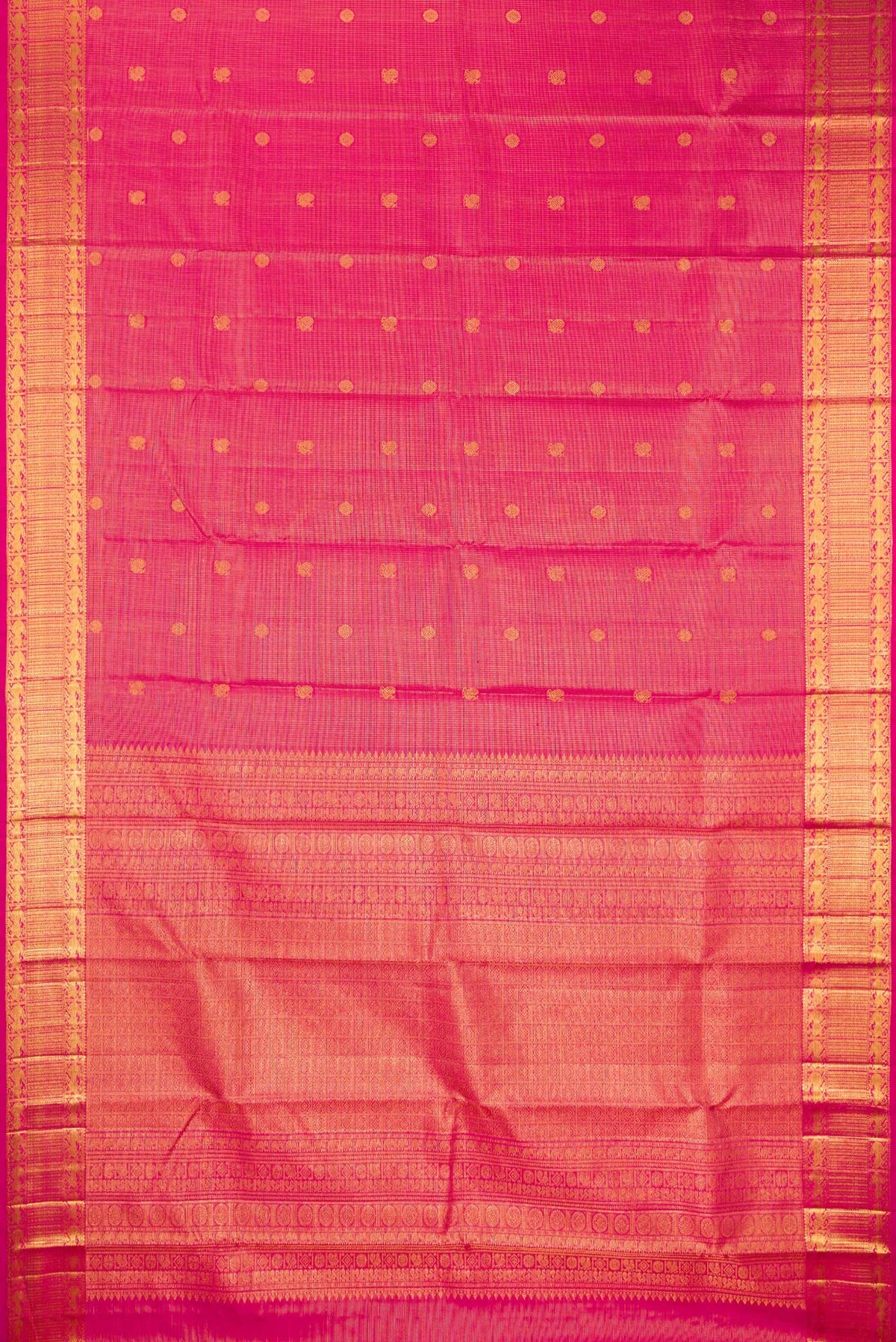 Flat view of Pure Silk Dark Pink Kanchipuram Saree with Zari Brocade on the body and Zari Border. 