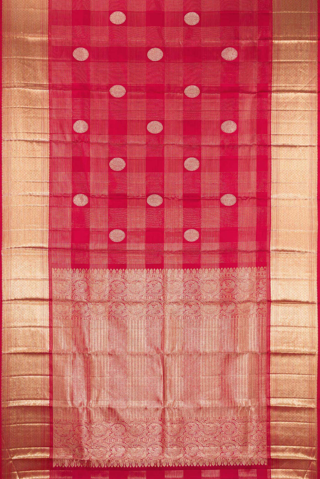 Flat view of Pure Silk Maroon Kanchipuram Saree with Zari Brocade on the body and Zari Border. 