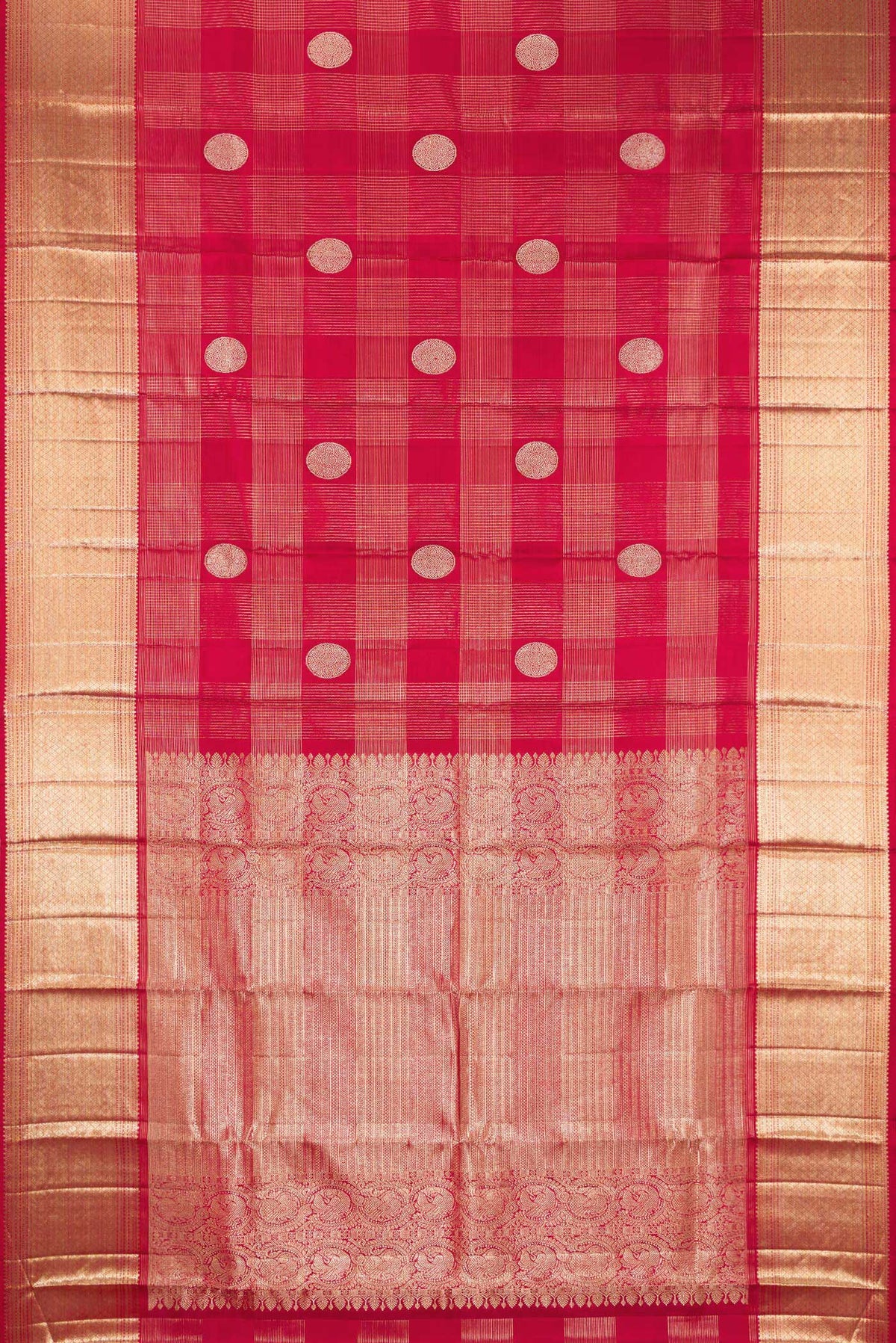 Flat view of Pure Silk Maroon Kanchipuram Saree with Zari Brocade on the body and Zari Border. 