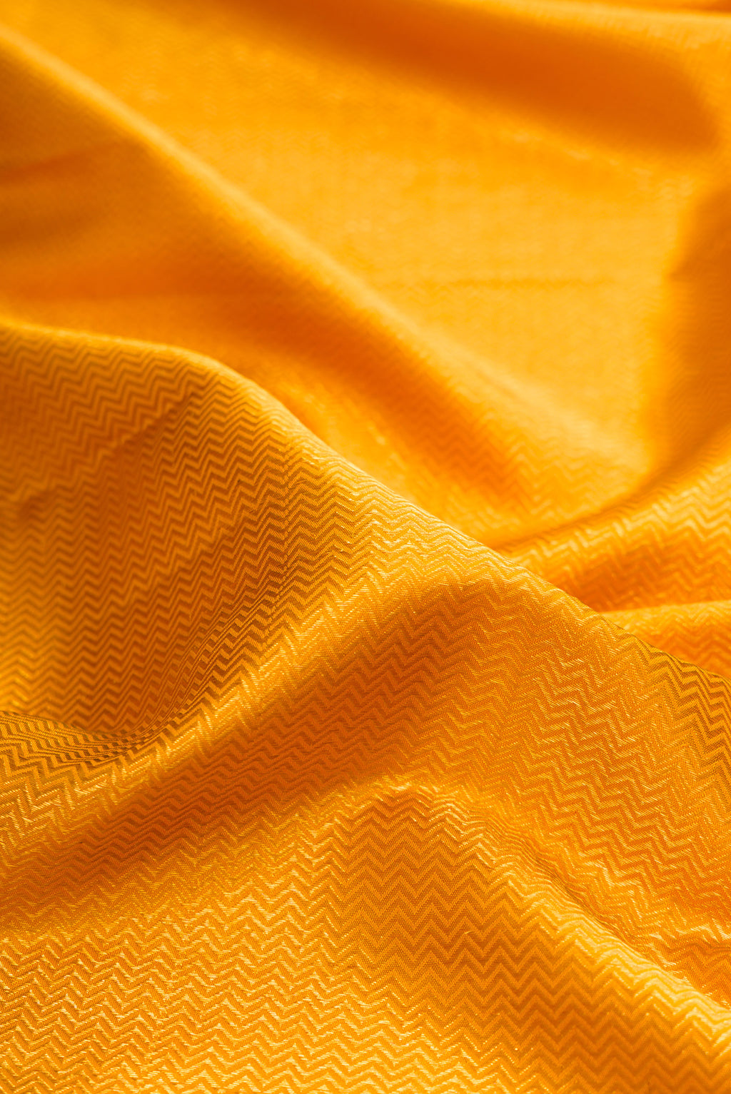 Close up of Pure Silk Yellow Kanchipuram Saree with Zari Brocade on the body and Zari Border.  displaying folds