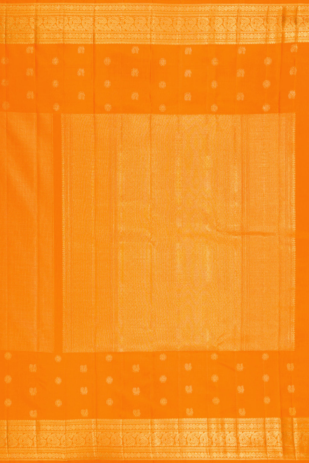 Close up image of the pallu of Pure Silk Orange Kanchipuram Saree with Checked design on the body and Fancy Border. 