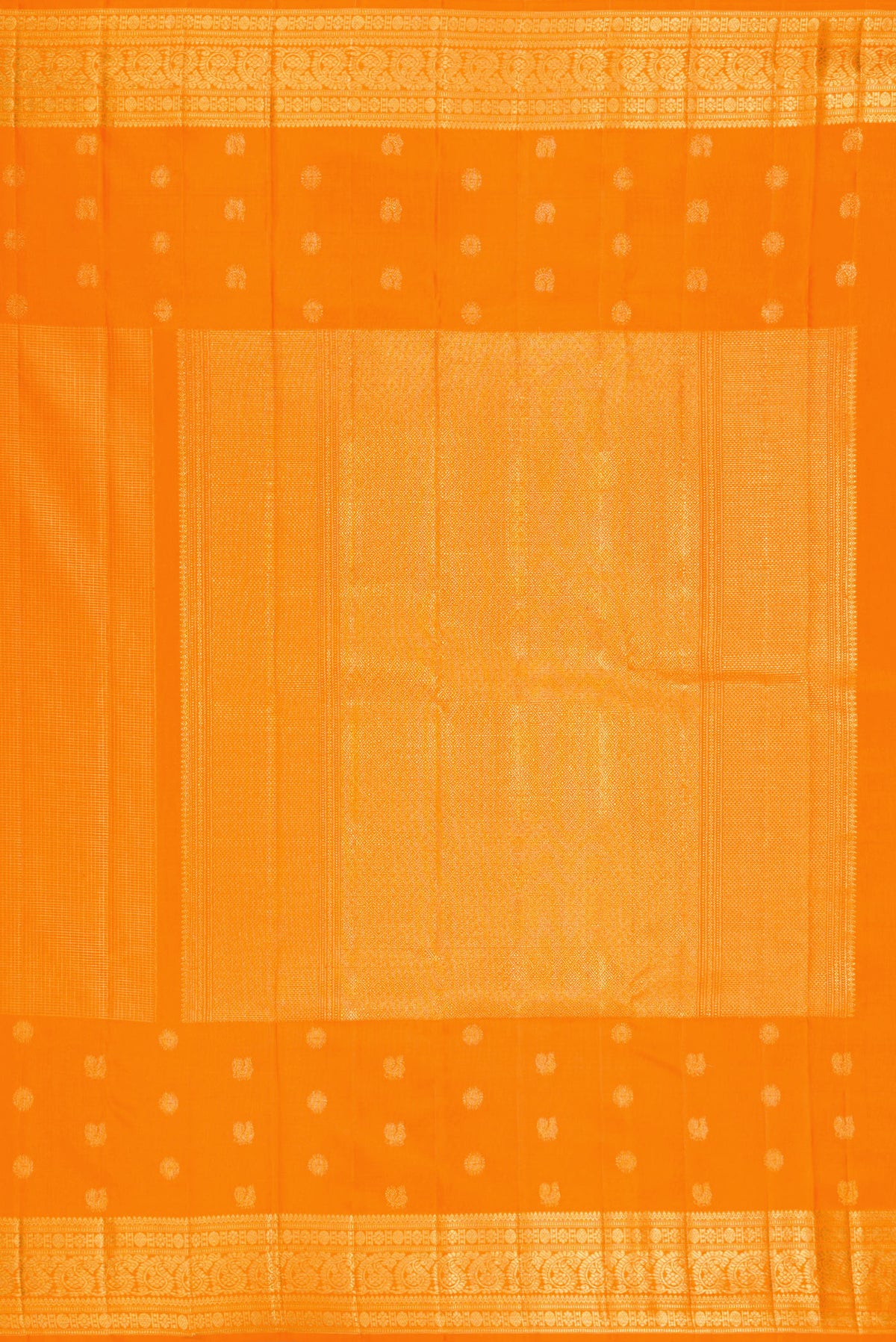 Close up image of the pallu of Pure Silk Orange Kanchipuram Saree with Checked design on the body and Fancy Border. 