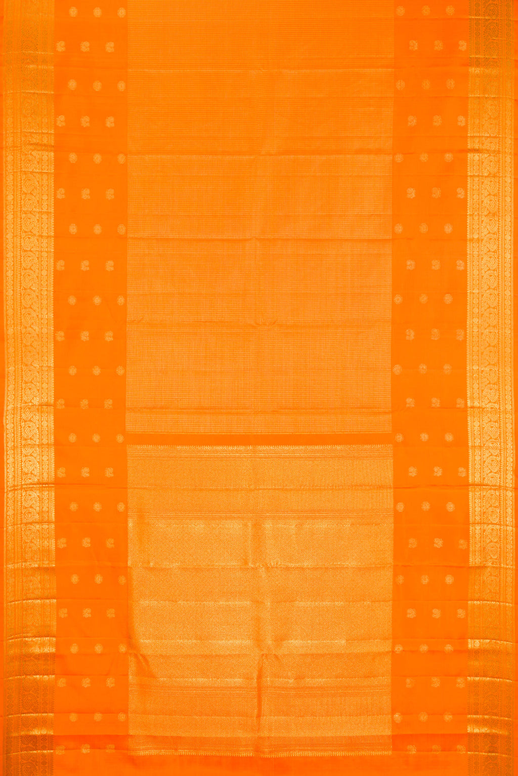 Flat view of Pure Silk Orange Kanchipuram Saree with Checked design on the body and Fancy Border. 