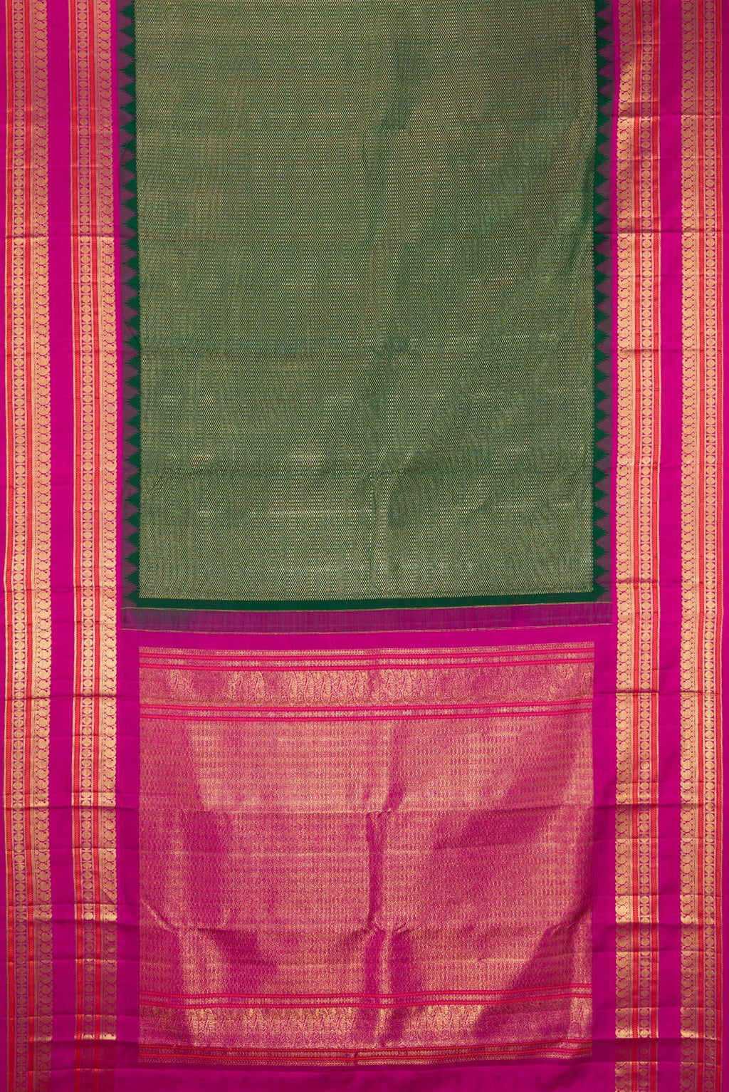 Flat view of Pure Silk Bottle Green Kanchipuram Saree with Zari Brocade on the body and Fancy Border. 