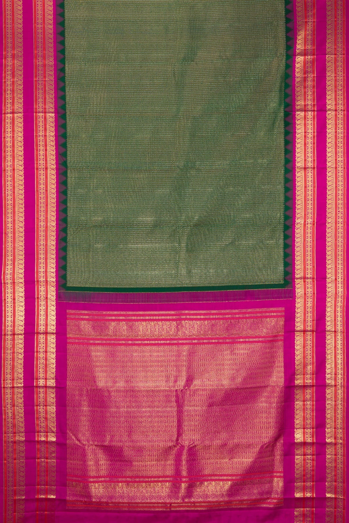 Flat view of Pure Silk Bottle Green Kanchipuram Saree with Zari Brocade on the body and Fancy Border. 