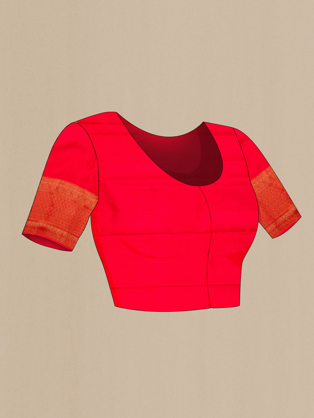Close up image of the blouse of Pure Silk Red Kanchipuram Saree with Zari Brocade on the body and Fancy Border. 