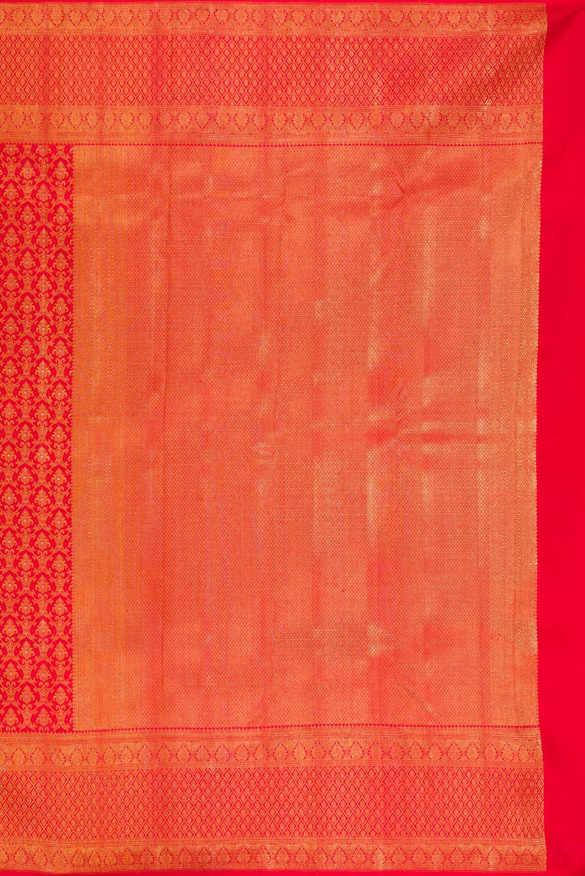 Close up image of the pallu of Pure Silk Red Kanchipuram Saree with Zari Brocade on the body and Fancy Border. 