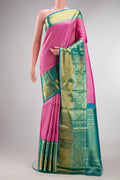 Pure Silk Rose pink Kanchipuram Saree with Zari Brocade on the body and Fancy Border.  displayed on a mannequin